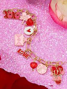 1pc Pink Enamel XOXO Heart Pendant Metal Bangle, Handmade Heart Shaped Bracelet Jewelry, Couple Gift, Valentine's Day Jewelry - Multicolor - View 2