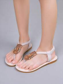 Girls' Beaded Woven Flat Sandals, Bohemian Backstrap Summer Casual Sandals For Kids - Beige - View 5