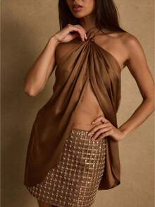 Women's Halter Tank Top Sleeveless Open Back Ruffle Slit Front Silk Satin Shirt Camisole For Party Cocktail - Dark Brown - View 2