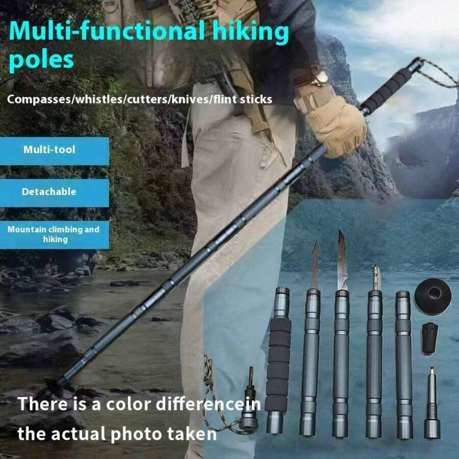 Best-Selling 7-In-1 Tactical Hiking Staff - Extendable And Foldable Multi-Functional, With Compass, Fire Starter, Saw Blade, Screwdriver, And Pliers. Suitable For Hiking, Camping, Ergonomic Grip. Christmas And Halloween Gift. - Xanh đậm - Xem 1