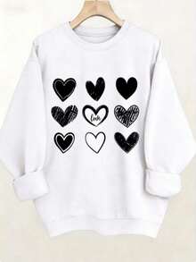 Women's Valentine's Day Heart Print Sweatshirt - Soft Stretchy Pullover Sweater, Cozy Casual Round Neck Long Sleeve Blouse, Light Beige-Friendly For F - 白色 - 查看 8