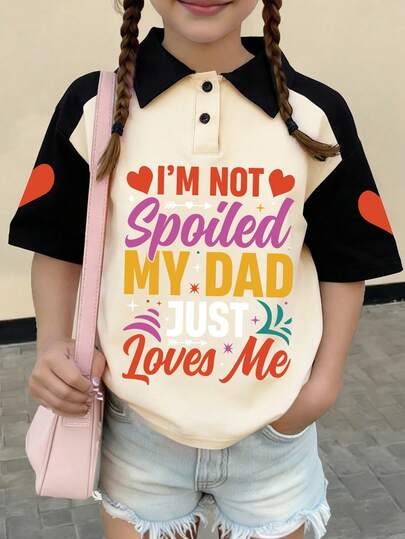 Girls' Colorful Letter & Heart Pattern Short Sleeve Polo Shirt With Raglan Sleeves, Spring/Summer Children Clothing