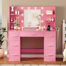 Furniwell 43" Vanity Desk Set With Power Outlet, Makeup Vanity Table With Bulbs Mirror 3 Color & Brightness Adjustable 7 Drawers For Storage,   Makeup Vanity Desk With Outlets, Large Mirror With Light Bulbs Color & Brightness Adjustable,  7 Drawers For Storage With Hairdryer Holder Gift For Girls Women - 淺粉色 - 查看 1