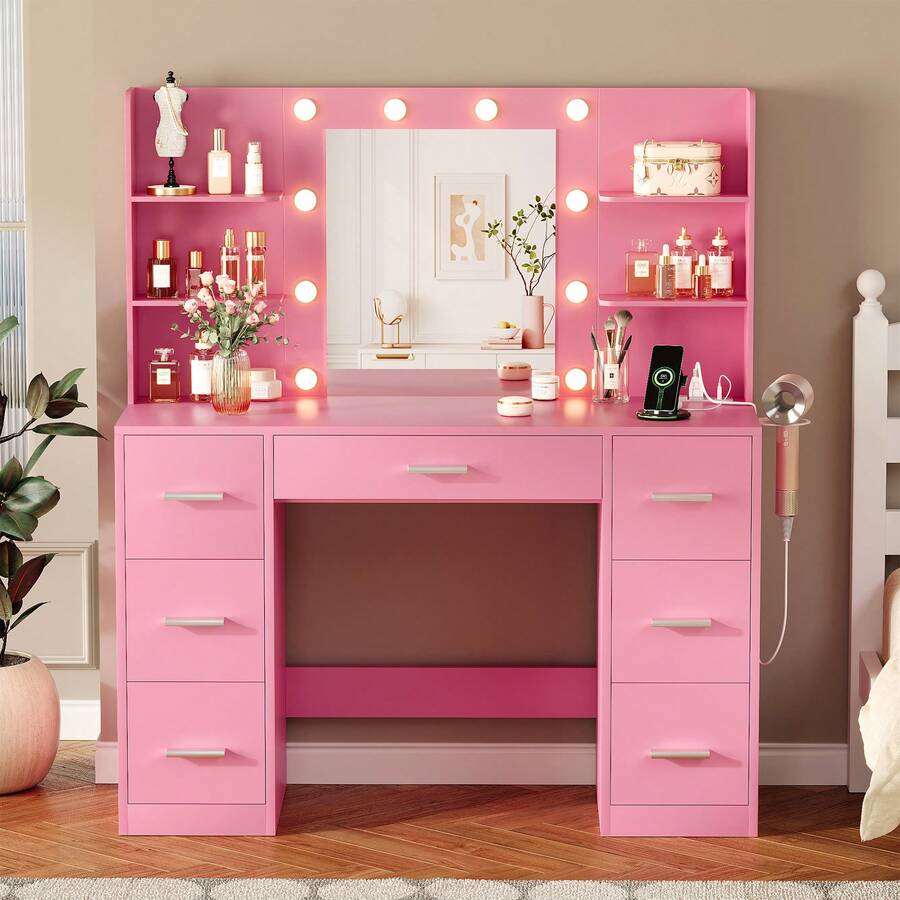 Furniwell 43" Vanity Desk Set With Power Outlet, Makeup Vanity Table With Bulbs Mirror 3 Color & Brightness Adjustable 7 Drawers For Storage,   Makeup Vanity Desk With Outlets, Large Mirror With Light Bulbs Color & Brightness Adjustable,  7 Drawers For Storage With Hairdryer Holder Gift For Girls Women - 淺粉色 - 查看 1