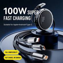 快速充电三合一可伸缩充电线，100W高速充电线，可调节Type-C数据线，USB转USB-C/Lightning/Micro USB，兼容及其他设备，通用旅行多功能充电器，妇女节礼物，生日礼物，周年纪念礼物，婚礼庆典礼物。 - 彩色 - 查看 3