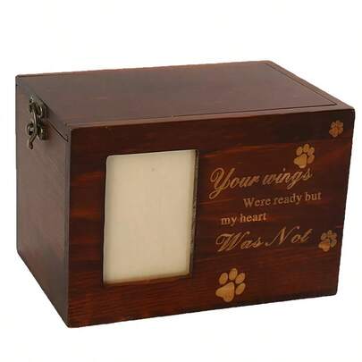 Wooden Urn With Frame - Elegant Cat Or Dog Memory Box With Paw Print Design, Transparent Viewing Window, And Heartfelt Quote, Perfect For Pet Ashes Gifts