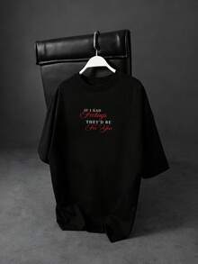 Black Base Red Contrast Heart Chain Print Short Sleeve T-Shirt, Dark Romantic English Slogan Loose Top - Black - View 2
