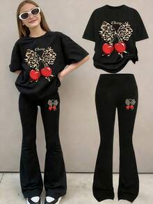 少女卡通印花短袖上衣和修身喇叭裤 - 黑色 - 查看 1