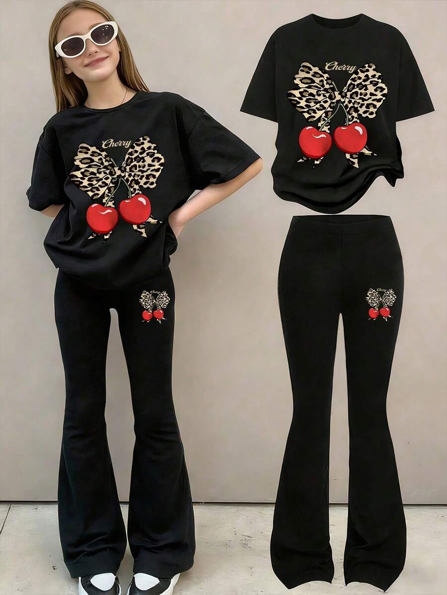 少女卡通印花短袖上衣和修身喇叭裤 - 黑色 - 查看 1
