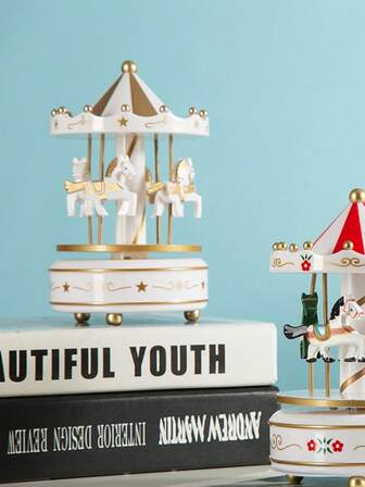1 pièce Boîte à musique carrousel rotative, mécanisme à manivelle, en forme de gâteau, cadeau, statue de cheval mélodie mécanique, sans alimentation électrique nécessaire, cadeau d'anniversaire, décoration de bureau à collectionner