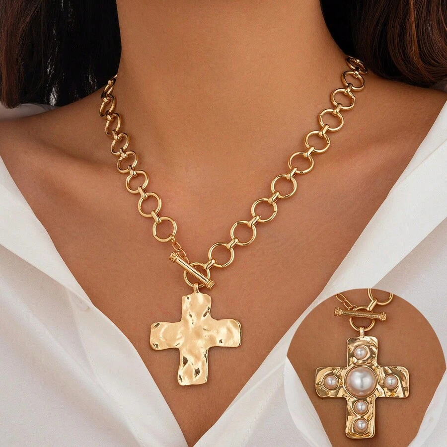 European And American Cross-Border Jewelry Punk Metal Cross Necklace Design Sense OT Buckle Chain Heart Pendant Necklace For Women - Trắng K 6678 - Xem 1