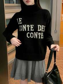 女士宽松字母印花高领套头毛衣，秋冬季 - 黑色 - 查看 5
