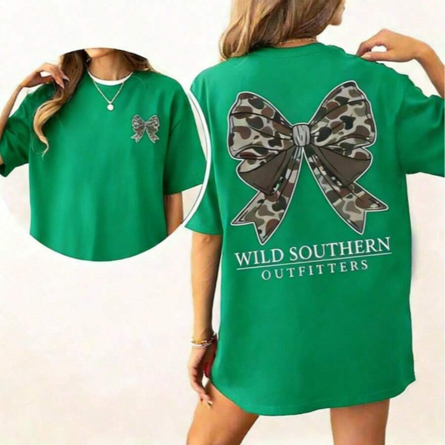 Vintage Camo Bow Hunting Shirt, Wild Southern Camo T-Shirt,Simply Printed Graphic Shirt,Daily Casual Womenswear-Unisex Street-Style Cotton T-Shirt Top - 綠色 - 查看 1