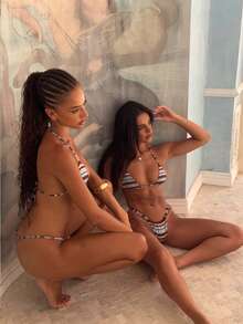 Bộ bikini 2 mảnh phối màu retro xanh dương và nâu kẻ sọc xếp nếp, trang phục đi biển thời trang, phù hợp cho tập thể dục hàng ngày, hẹn hò, kỳ nghỉ, tiệc tùng dành cho nữ. - Nhiều màu - Xem 6