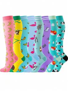 8双卡通水果动物图案压缩袜，男女通用，适合日常休闲、健身、散步、篮球、球拍运动、骑行、徒步旅行，提供运动支撑。尼龙和涤纶混纺针织面料。 - 彩色 - 查看 13