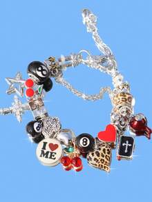 1pc Cute Red Cherry Charm Bracelet, Leopard Print Star Girl Bracelet, Black 8 Ball Dark Bracelet, Cross Star Bracelet, Punk Music Festival Bracelet