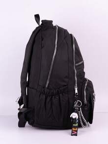 Large Capacity Solid Color Casual Nylon Backpack With Keychain For Travel And School - màu đen - Xem 3