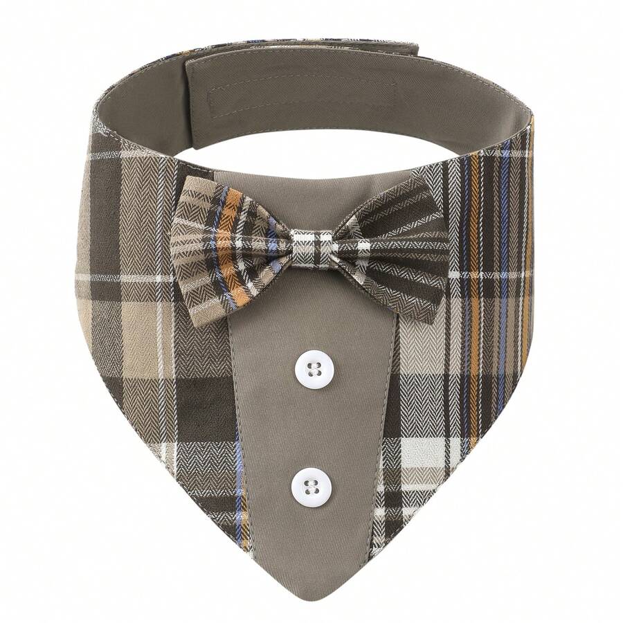 Brown Dog Tuxedo Style Scarf Plaid Pet Bow Tie Collar Adjustable Coffee Plaid Scarf, Suitable For Small, Medium And Large Dogs - Brown - View 1