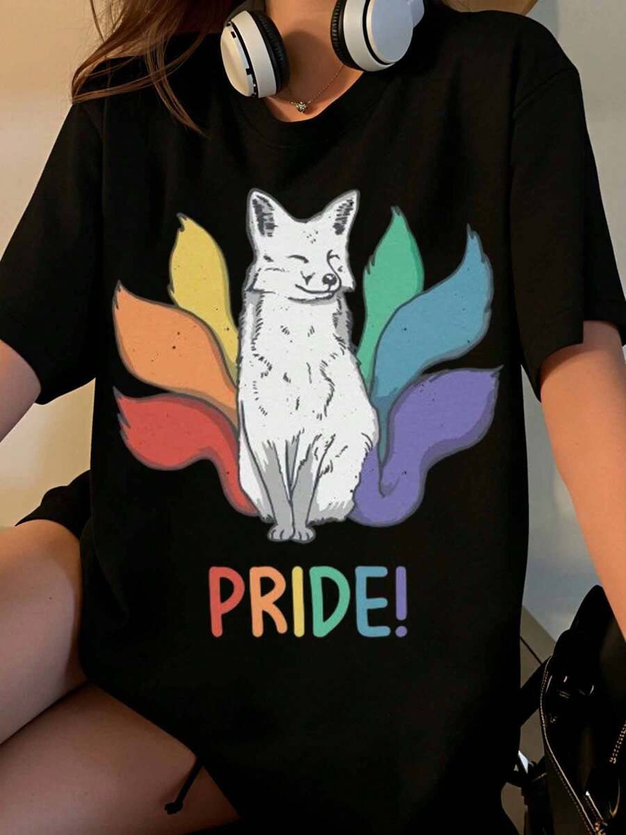 Camiseta con diseño de zorro arcoíris para el Orgullo, camiseta gráfica unisex para celebración del Mes del Orgullo LGBTQ+, para eventos del Orgullo y uso casual - Negro - Ver 1