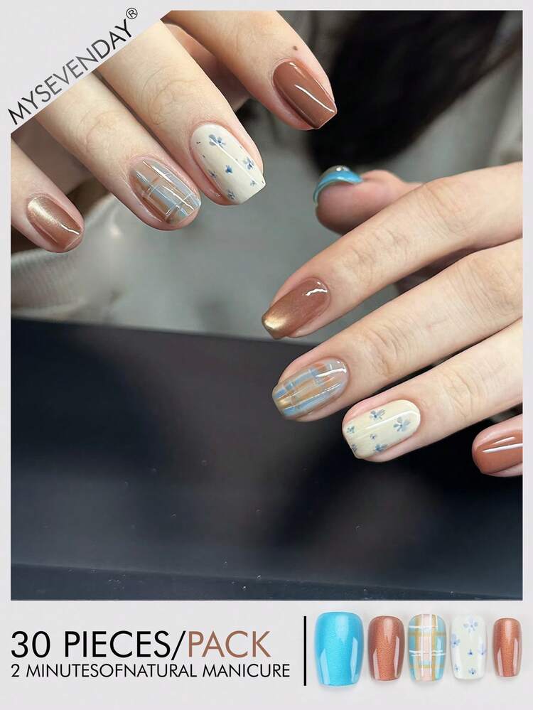 30 miếng dán móng tay có keo dán, hình vuông ngắn/họa tiết kẻ caro phối màu, kèm gel dán và dải ma sát, thích hợp để dán poly gel, có thể tái sử dụng, dùng cho móng tay hàng ngày. - Nhiều màu - Xem 1