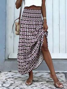 新款波西米亚风高腰弹力多层喇叭裙：紫棕色几何撞色印花，适合日常穿着、海滩度假、日光浴 - 彩色 - 查看 5