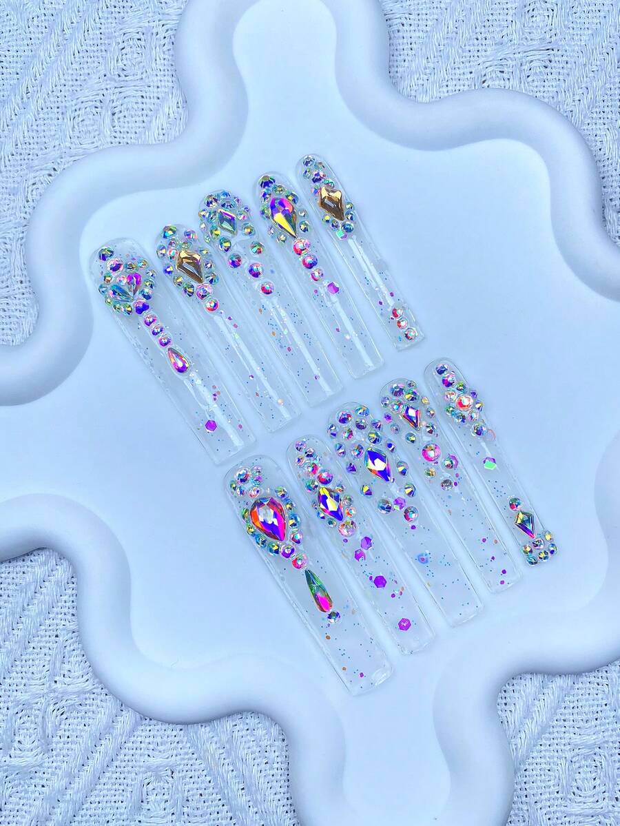 10片Y2K超长法式美甲贴片，全覆盖，手工制作，带有3D闪亮水钻装饰，完美适用于婚礼、派对、情人节、生日、圣诞节礼物，贴合度极佳，可重复使用，包含1片果冻胶/1片迷你磨砂贴，可拆卸美甲贴片套装，适合女士和女孩在节日派对和日常佩戴，美甲产品 - 彩色 - 查看 1