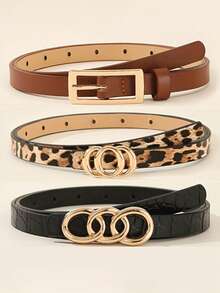 3件套女士腰带套装 - 时尚简约方形扣豹纹真皮腰带，百搭连衣裙、休闲裤、腰部装饰 - A - 查看 7