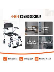 Shower Commode Wheelchair With 4 Lockable Wheels, Footrests, Flip-Up Arms, 3-Level Adjustable Height, 5L Removable Bucket, 350 LBS Capacity, Commode Chair For Adults Seniors - Black and White - View 2