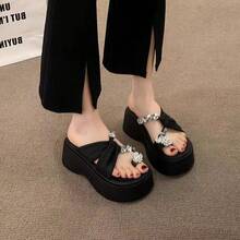 Sandalias de plataforma con suela gruesa que aumentan la altura para mujeres, nuevas sandalias de moda de verano 2025 con correa en el dedo y rhinestones para usar con vestidos. - Blanco - Ver 3