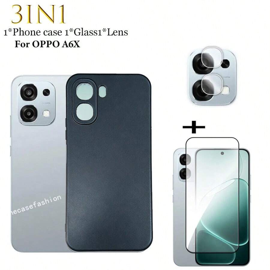 2026新款三合一手机壳，适用于OPPO A6X，TPU硅胶软壳防震+OPPO A6X全屏钢化玻璃膜+镜头膜 - 黑色 - 查看 1