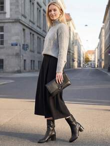 Botas de media pantorrilla para mujer, botas negras casuales y de moda, adecuadas para usar al aire libre - Negro - Ver 3