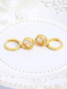 Bông tai vòng bằng bạc Sterling 925 đính đá Cubic Zirconia, kiểu dáng cổ điển phù hợp để đeo hàng ngày, quà tặng sinh nhật. - Vàng - Xem 4