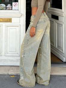 GILIPUR Straight Leg Loose Rhinestone Jeans Low Waist Yellow Shimmery Y2K Women's Long Pants Elegant Fashion Casual Bottoms StreetWear - 黃色 - 查看 2