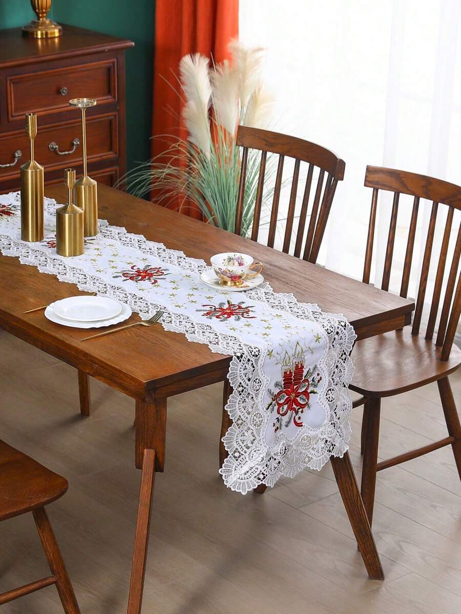 1pc White Lace Edged Table Runner, Polyester Embroidered Dust-Proof Heat-Resistant Lace Decor Table Runner, Suitable For Dining Table, Coffee Table, Buffet, Christmas Decoration, Daily Home Use, Wedding And Holiday Party - White - View 1