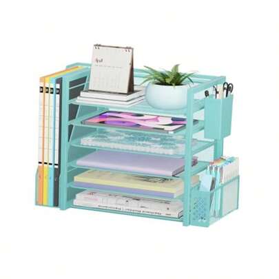 6 Tier Desk File Organizer Paper Letter Tray Organizer With File Holder And Pen Container Black