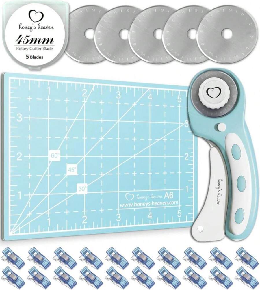 Rotary Cutter Set - Quilting Kit Incl. 45mm Fabric Cutter, 5 Replacement Blades, A6 Cutting Mat And Craft Clips - Ideal For Crafting, Sewing, Patchworking, Crochet &Amp; Knitting (Turquoise, A6) - ColorE - 查看 1