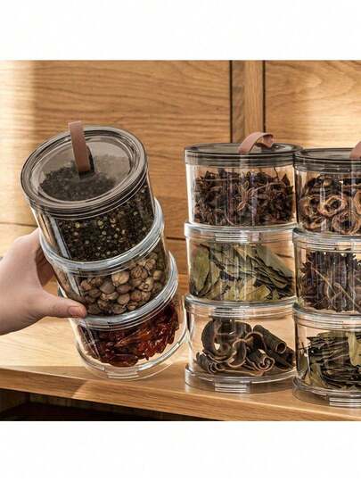 Round Spice Storage Box, Multi-Layer Airtight Container, Transparent Sealed Jar, Storage Container For Grains, Cereals, Snacks, Spices, Suitable For Refrigerator, Countertop, Kitchen Cabinet Organization, Food Pantry, Food Organizer, Multi-Tier Rack, Round Container, Food- Material, Reusable Container, Spice Storage Box, Kitchen Storage Box, Home Chef