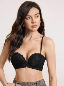 女士黑色性感隐形胸罩，前扣式低胸聚拢露背胸罩，内衣 - 黑色 - 查看 6