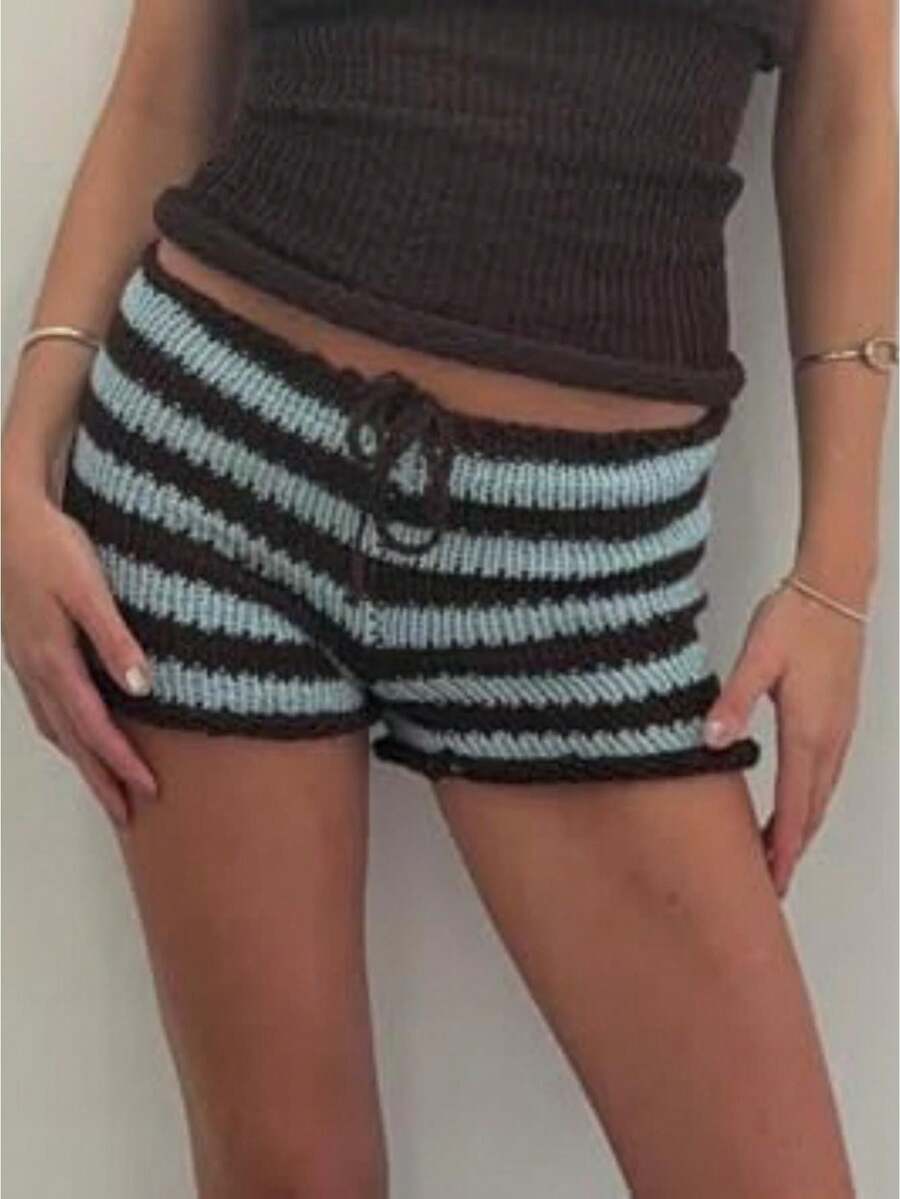 Women Fold Over Micro Shorts Y2k Striped Elastic Waist Low Rise Knit Sleep Mini Shorts Ribbed Comfy Going Out Bottoms - Blue - View 1