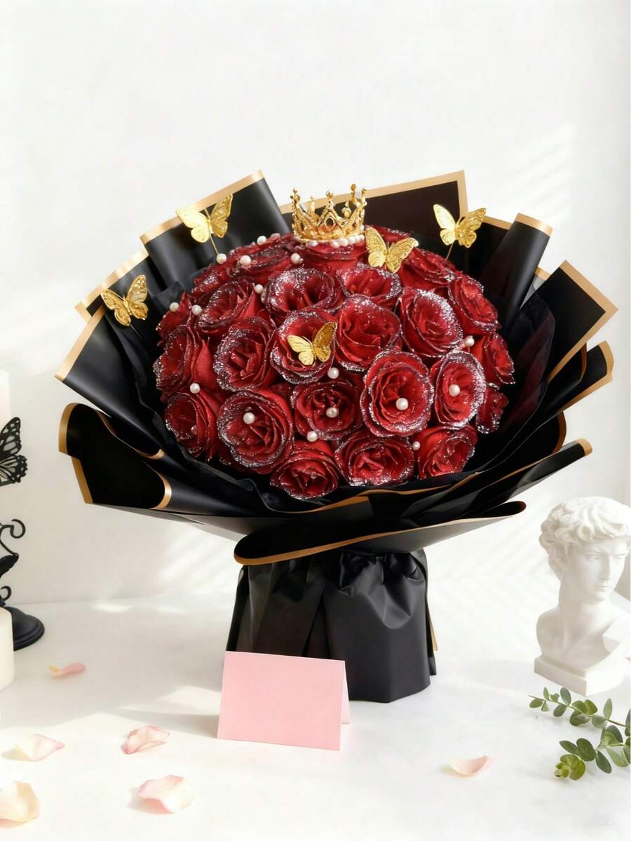 MEHELANY 12/6支/包 2.76英寸/7厘米闪光玫瑰花束，DIY人造闪光花束，红色塑料假玫瑰，永不凋谢的闪亮人造玫瑰花束，适合周年纪念、订婚、结婚礼物、家居装饰、办公室厨房装饰、派对装饰、房间装饰、情人节装饰、母亲节装饰、送给女友、妈妈、女士的生日礼物（含包装纸）