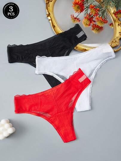 3条装女士季节性内裤，浪漫内裤，性感纯色半透明网纱蕾丝拼接舒适蕾丝丁字裤
