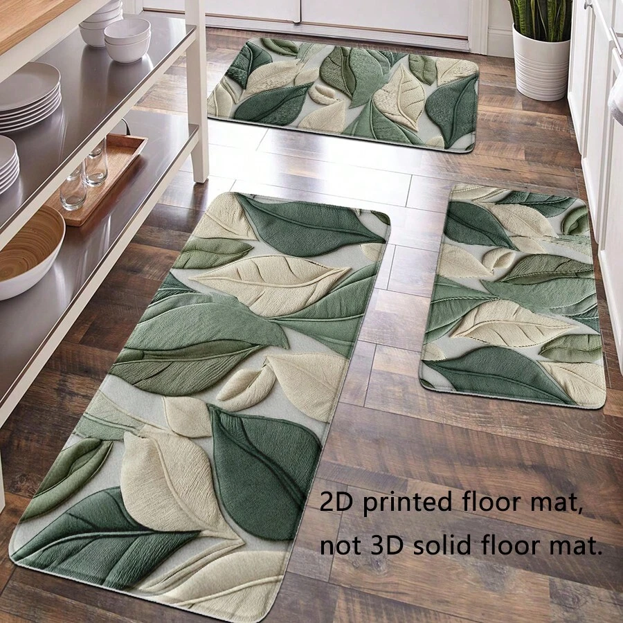 1pc Printed Floor Mat, Home Decor, Room Decor, Bathroom Decor, Bathroom Mat, Non-Slip Bathroom Mat, Kitchen Decor, Kitchen Mat, Carpet, Bathroom Set, Entrance Mat, Door Mat, Soft Plush Surface, Home Decoration, Anti-Fatigue Mat, Green & Beige Leaf Pattern Mat, Bohemian Themed Decor, Soft & Comfortable Surface, Relaxes Feet, Reduces Fatigue