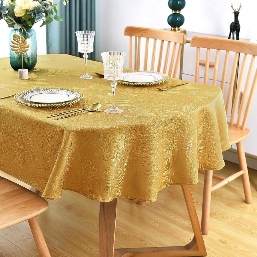 Wolkemer Shiny Large Oval Jacquard Tablecloth 60 X 120 Inch Gold Floral Countryside Leaves Damask Patterns Table Cloth Glossy Fabric Table Cover For Dinner Kitchen,GolFD12ss0inchx60inchOval - 金色 120 英吋 x 60 英吋橢圓形 - 查看 1
