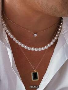 Set de 3 collares para hombre con colgante asimétrico de diamante 3D y perla falsa, accesorio de diseño minimalista de lujo - Conjunto de collar - Ver 11