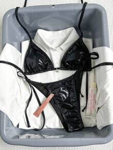 女士纯色PU皮革优雅露背系带沙滩度假比基尼套装 黑色 - 黑色 - 查看 1