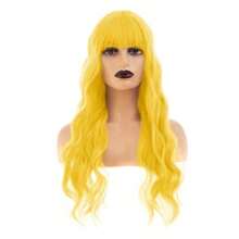 DWomens Long Curly Wavy Yellow Wigs With Bangs Cute Colorful Cosplay Custome Halloween Synthetic Wigs - 黃色的 - 查看 2