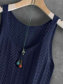 Women's Summer Hollow Breathable Versatile Solid Color Knitted Openwork Ribbed Sleeveless Vest, Suitable For Sports, Fitness, Daily Wear, Summer Vacation, Casual, Unisex, Soft And Comfortable, Spring/Summer - Navy Blue - View 6