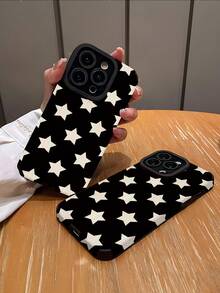 1pc Minimalist Black Background White Star Pattern Vertical Faux Leather Texture Classic Anti-Drop High-End Soft Protective Phone Case, Suitable As Birthday, Holiday Gift For Friends, Family, Couples, Fits 17/17 Air/17 Pro/17 Pro Max, 16/16 Plus/16 Pro/16 Pro Max, 15/15 Plus/15 Pro - Multicolor - View 2