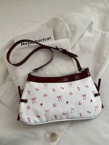 这款全新女士手提包采用复古方形单肩包设计，饰有蝴蝶结印花和拉链封口。这款小巧轻便的腋下包非常适合通勤女性、学生和上班族日常使用，也可作为休闲场合的时尚配饰。 - 酒紅色 - 查看 5