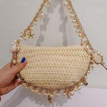 1pc Niche Vintage Straw Woven Seashell Pearl Handbag With Chain Strap, Casual Vacation, Wedding Party, Gift Shoulder Bag For Women - 米色 - 查看 8